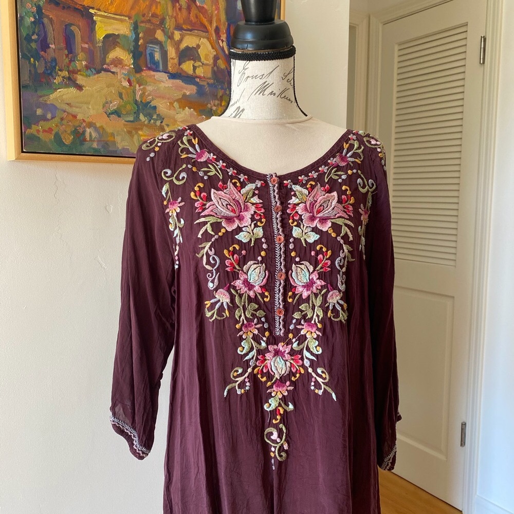 Johnny Was Eggplant 3/4 Sleeve Embroidered Tunic